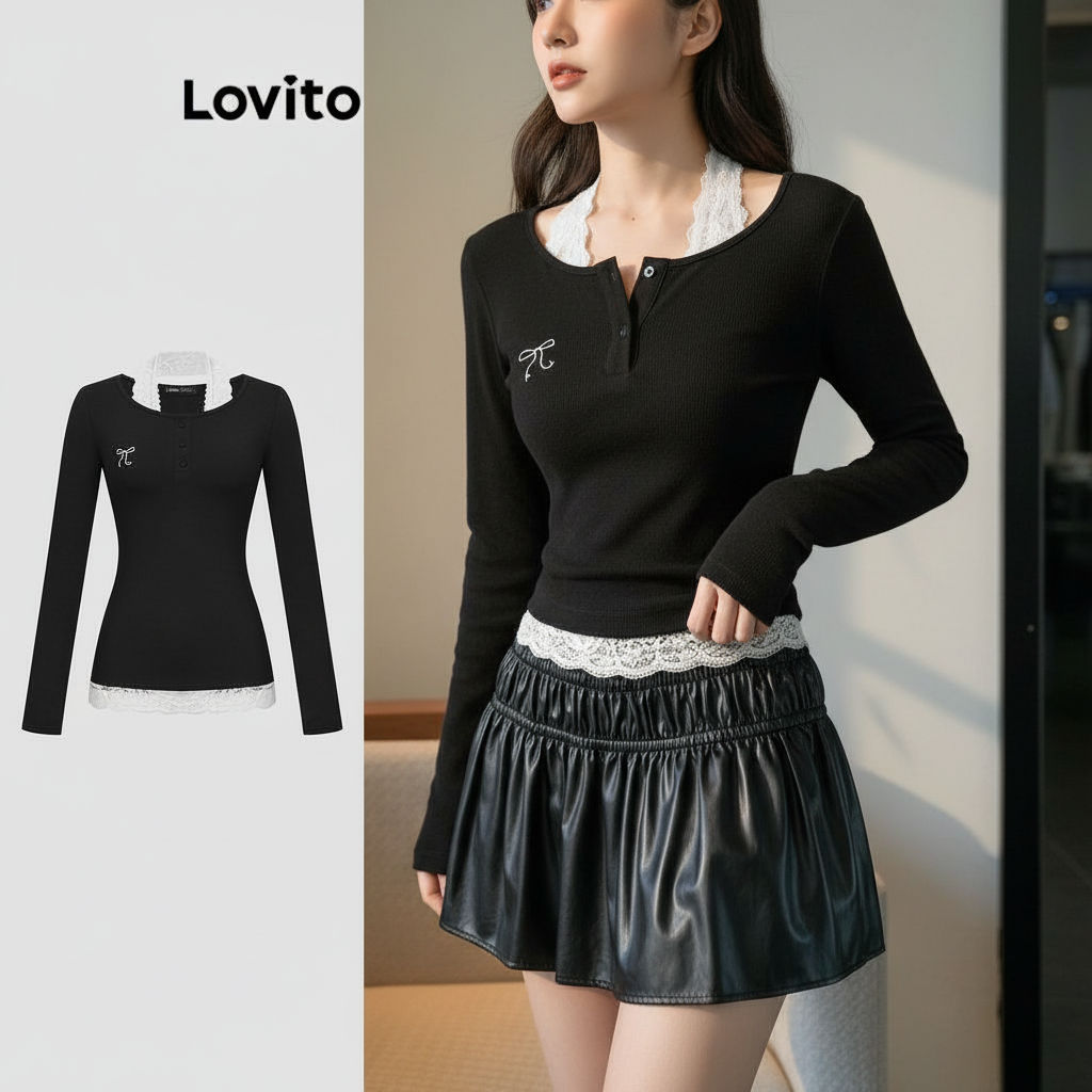 Lovito เสื้อยืดลําลองฤดูร้อน สีบล็อก ดีไซน์ 2-in-1 สําหรับผู้หญิง L114AD476