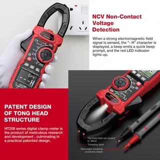 HT208D แคลมป์มิเตอร์ดิจิตอลมืออาชีพพร้อม RMS แท้, กระแสไฟ AC/DC 1000A, ตัวเก็บประจุ, อุณหภูมิ และตรวจจับ NCV