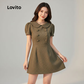 Lovito ชุดเดรสผู้หญิงสีเขียวโอลีฟ สไตล์หรูหรา กระดุมหน้า สํา…