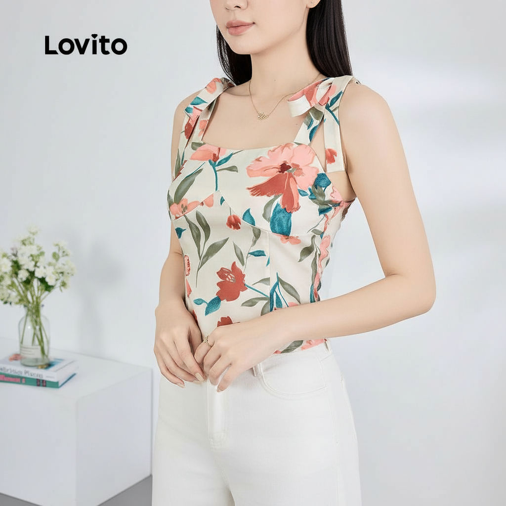 Lovito เสื้อลูกไม้ลายดอกไม้สไตล์โบฮีเมียน สําหรับผู้หญิง L128ED603