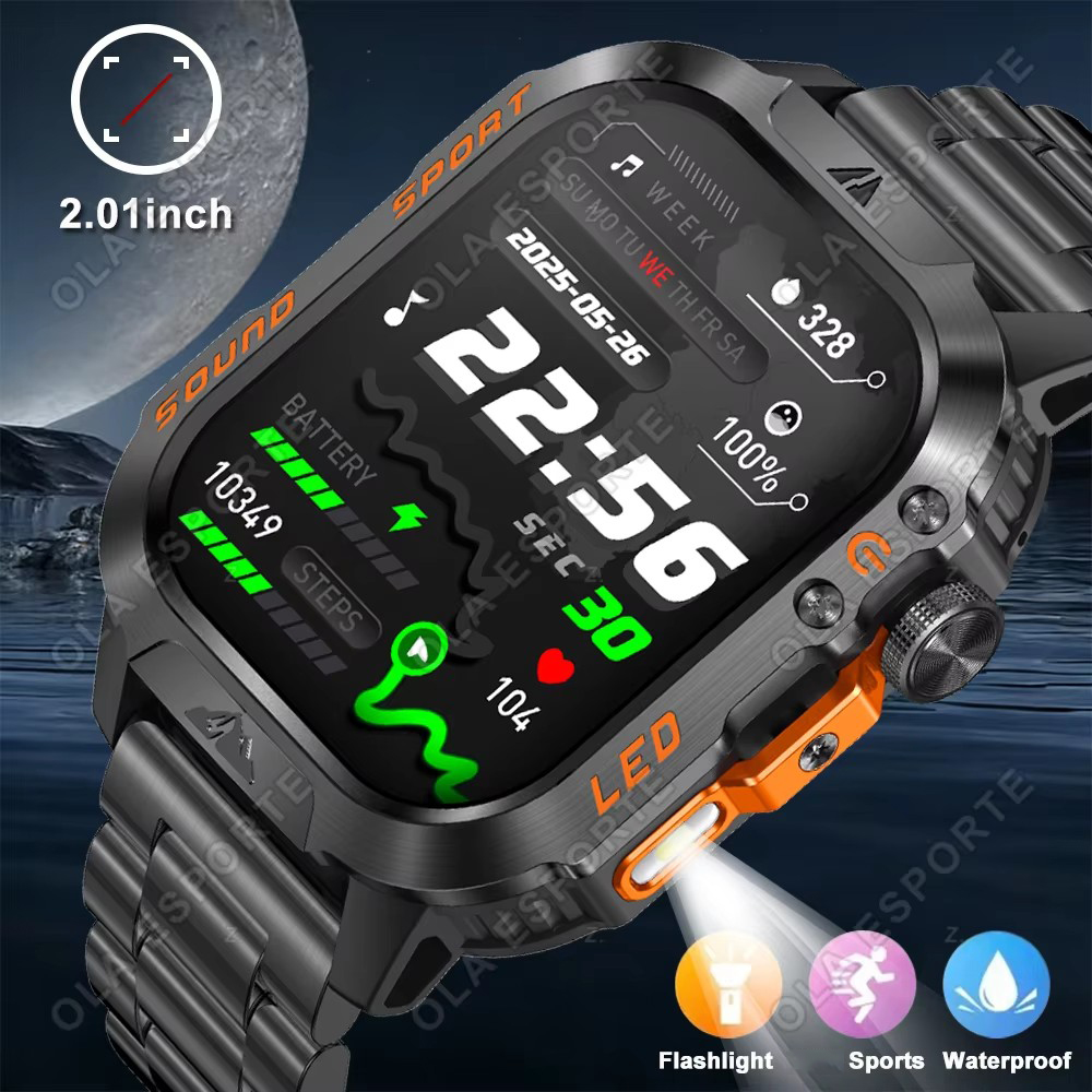 เสียงทหารSmartwatchฟิตเนสนาฬิกา2.01 "ไร้สายสมาร์ทนาฬิกากันน้ํากีฬานาฬิกาข้อมือสําหรับชายAndroid IOSโทรศัพท์