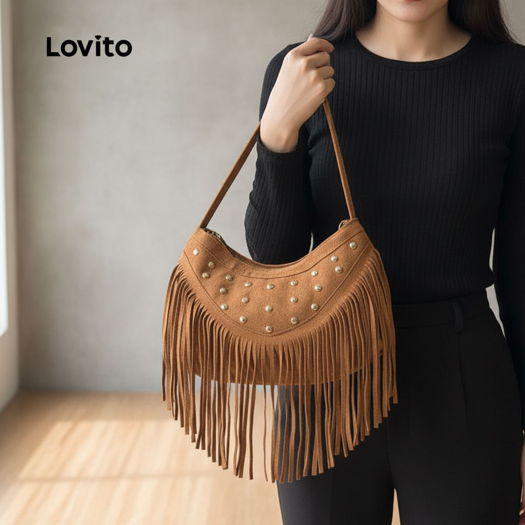 Lovito กระเป๋าถือผู้หญิงแต่งหมุดดีไซน์ลําลอง LFA104009