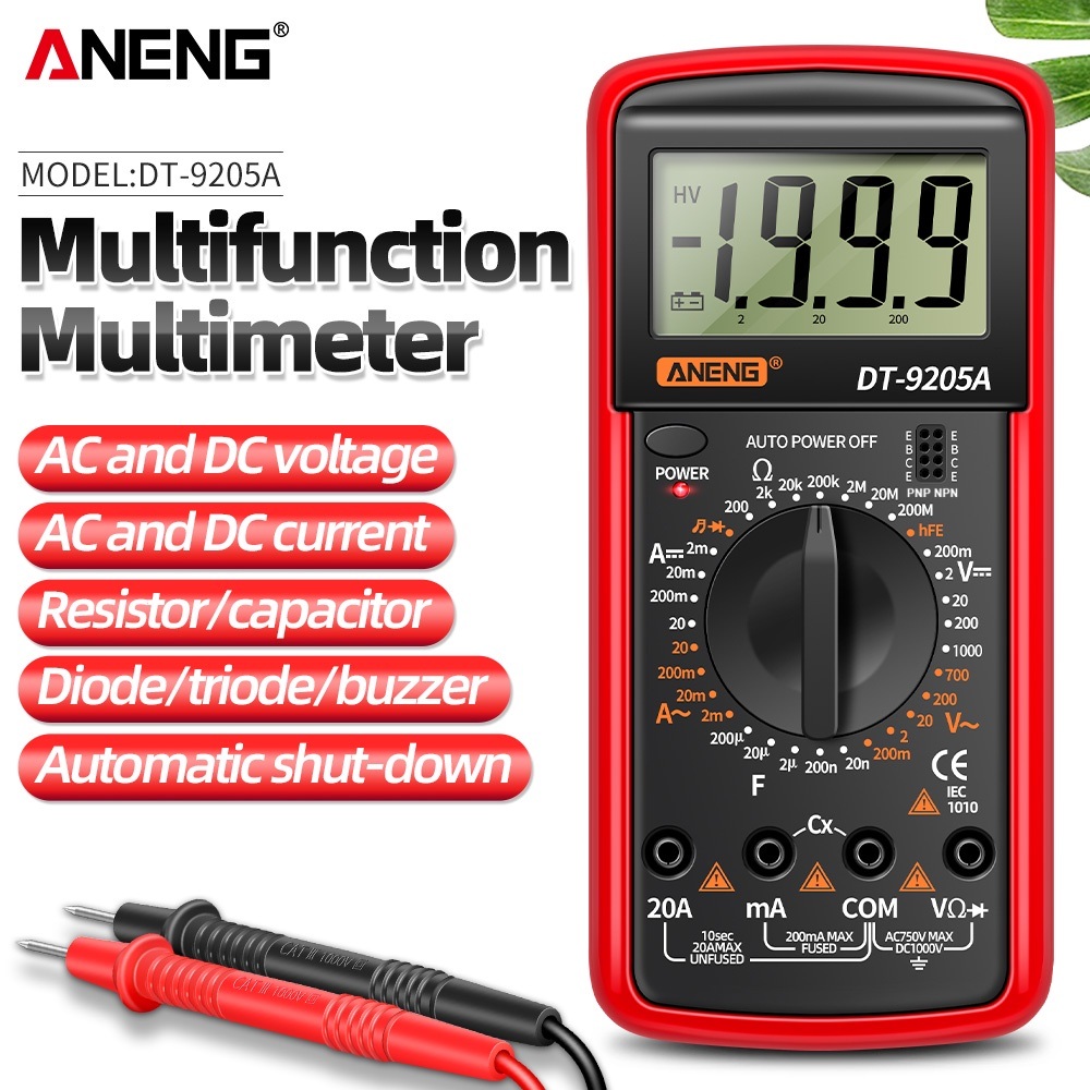 ANENG DT9205A มัลติมิเตอร์แบบดิจิตอลพร้อมการทดสอบทรานซิสเตอร์ AC/DC ช่วงอัตโนมัติ และฟังก์ชั่น NCV