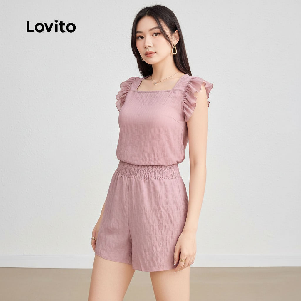 Lovito ชุดเซตกางเกงขาสั้นผู้หญิง ทรงหลวม ใส่สบาย สําหรับผู้หญิง L124AD207