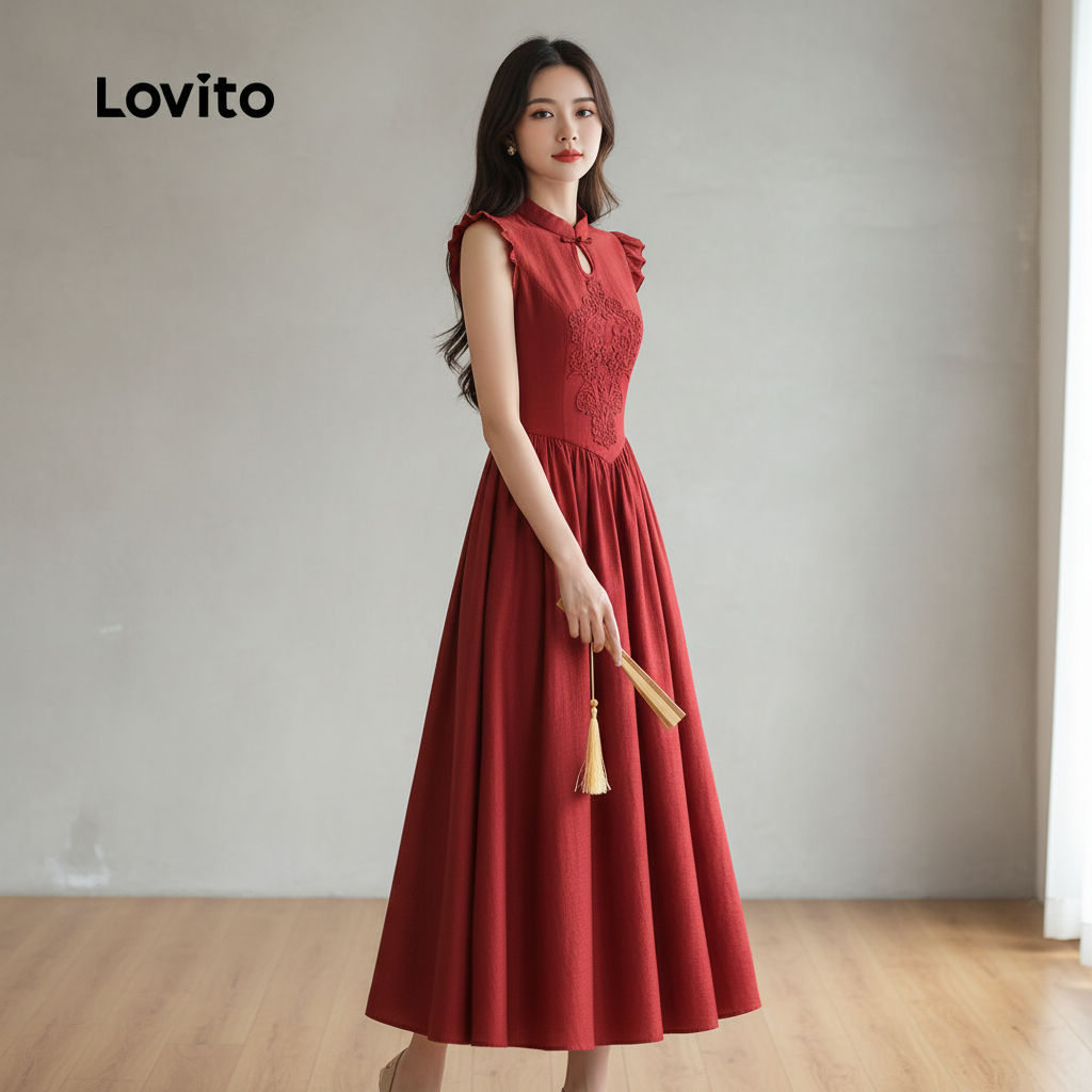 Lovito เดรสผู้หญิงสไตล์จีนใหม่ ฤดูใบไม้ผลิ ฤดูร้อน สีแดงเบอร์กันดี LK2ED445