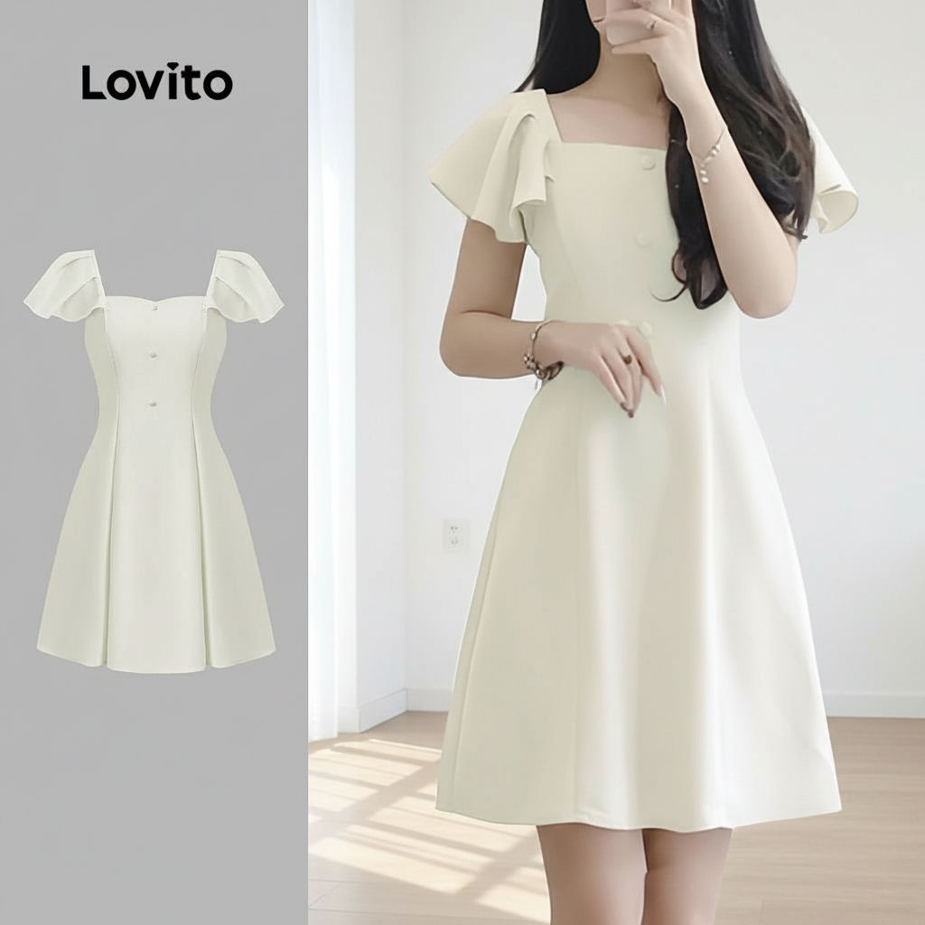 Lovito ชุดเดรสผู้หญิงสีแอปริคอตหรูหราสไตล์ฤดูใบไม้ผลิฤดูร้อน ตกแต่งกระดุมเรียบ L134ED743