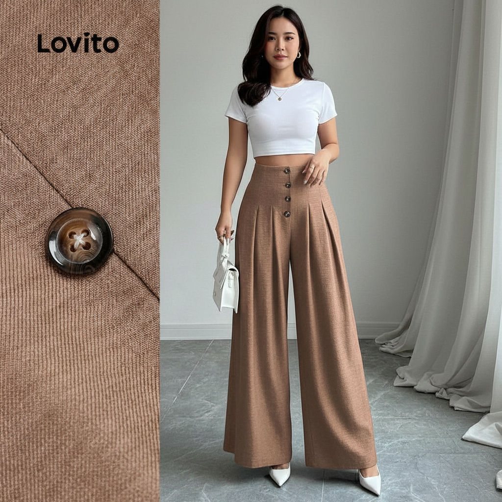 Lovito กางเกงขายาวผู้หญิงทรงจีบ สีกากี สไตล์ลําลอง สําหรับฤดูใบไม้ผลิและฤดูร้อน LBL30143