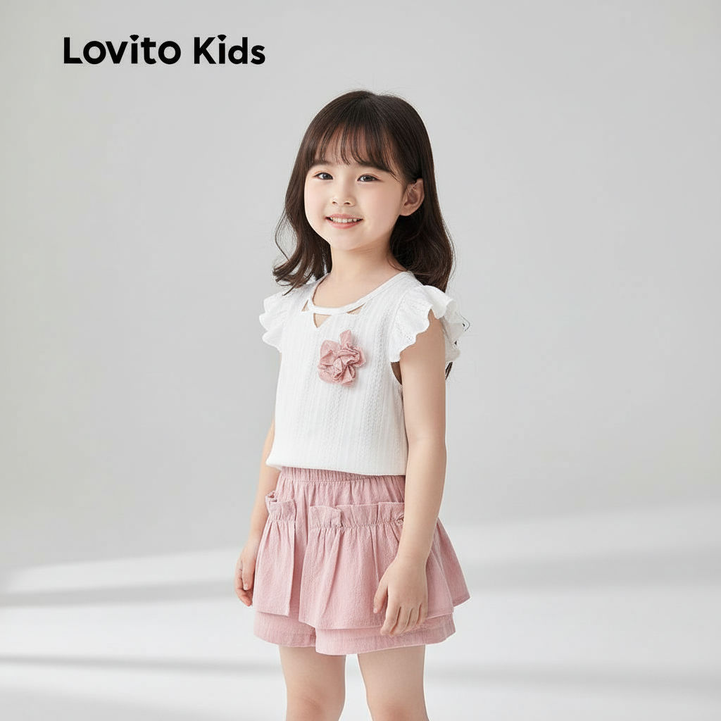 Lovito Kids ชุดเซตกางเกงขาสั้นน่ารักสําหรับสาวๆ ฤดูใบไม้ผลิ/ฤดูร้อน LNL128124