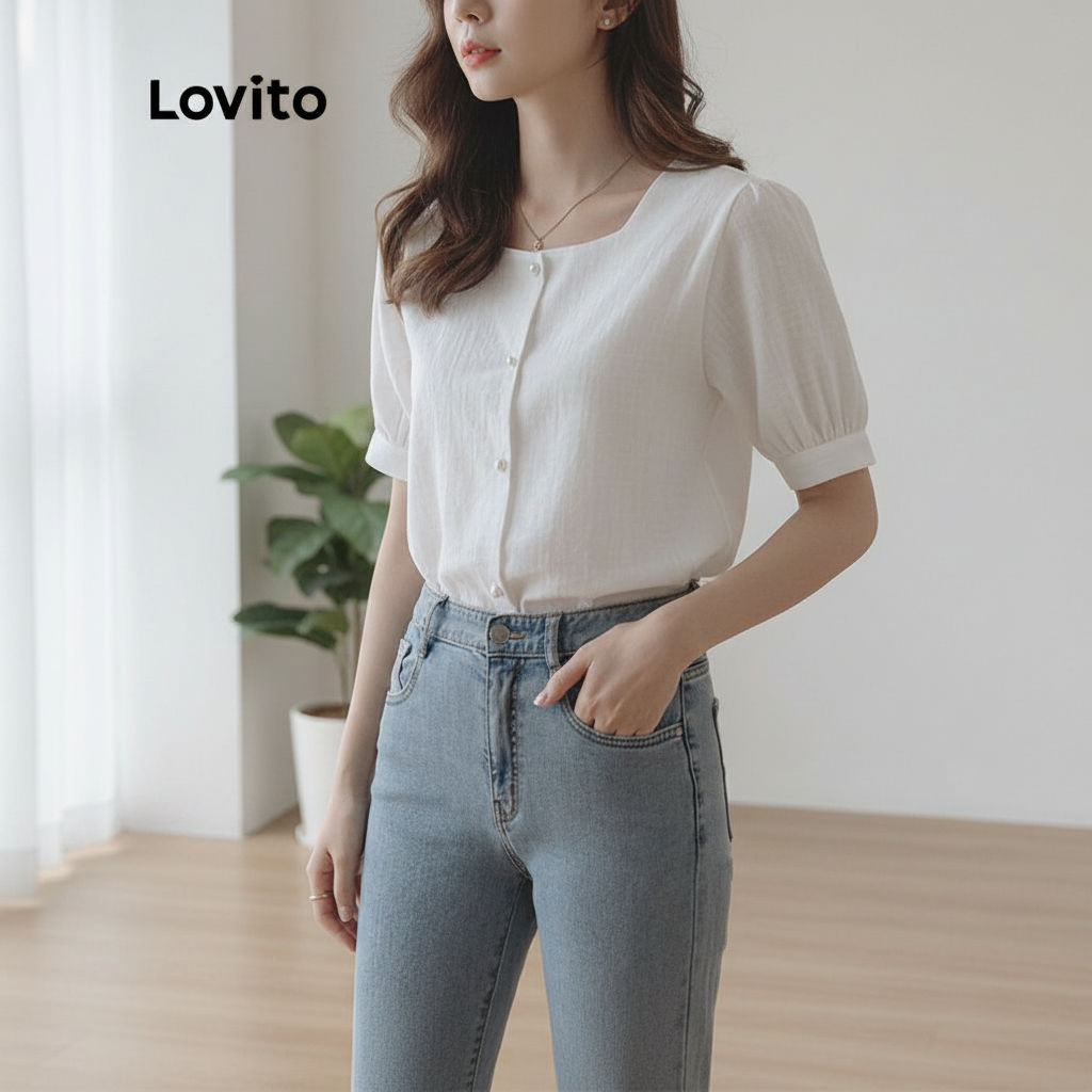 Lovito เสื้อเบลาส์ลําลอง คอเหลี่ยม กระดุมหน้า สีพื้น สําหรับผู้หญิง LNA04158 (สีขาว)