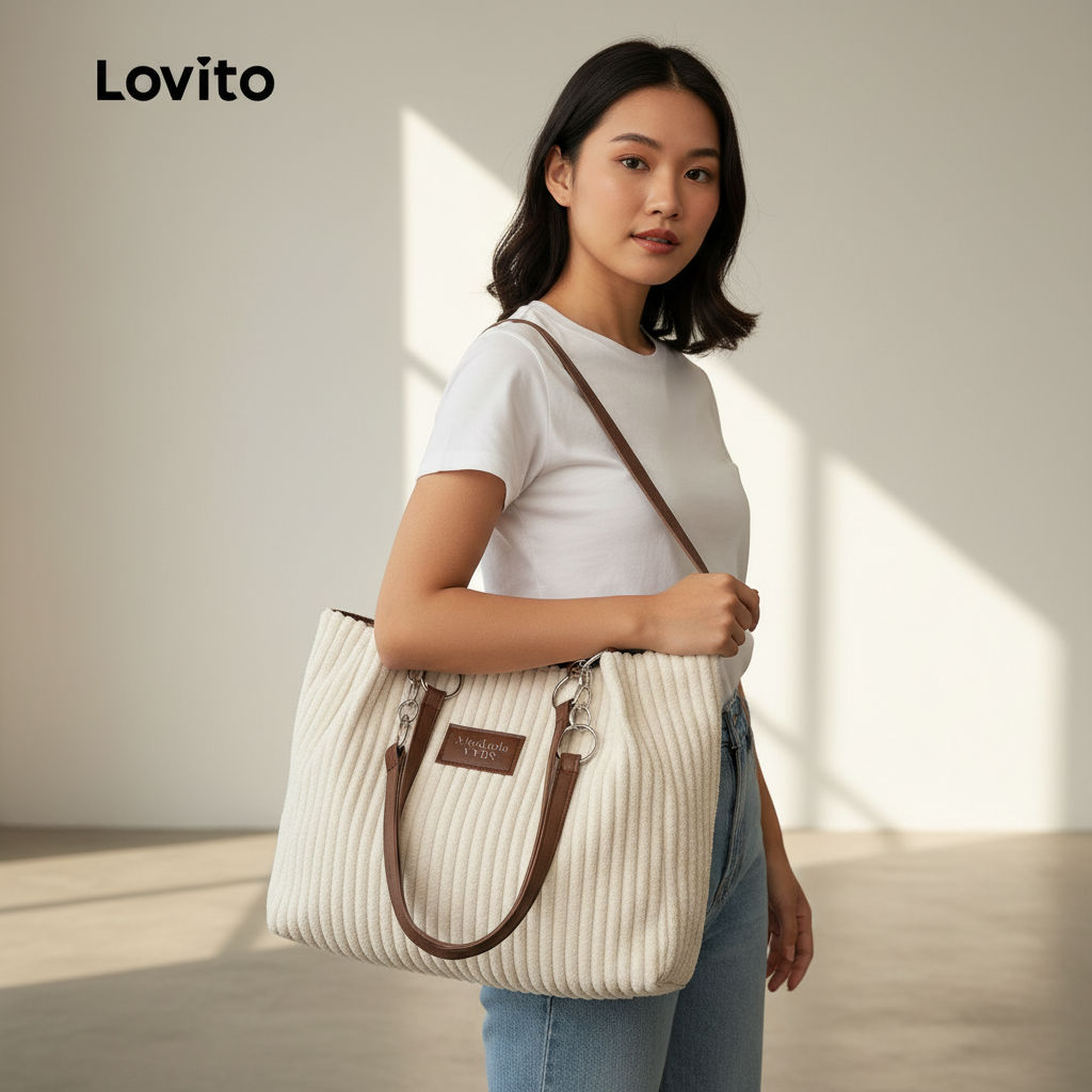 Lovito กระเป๋าถือหูหิ้วขนาดใหญ่สําหรับสุภาพสตรี ดีไซน์ลําลอง LFA104019