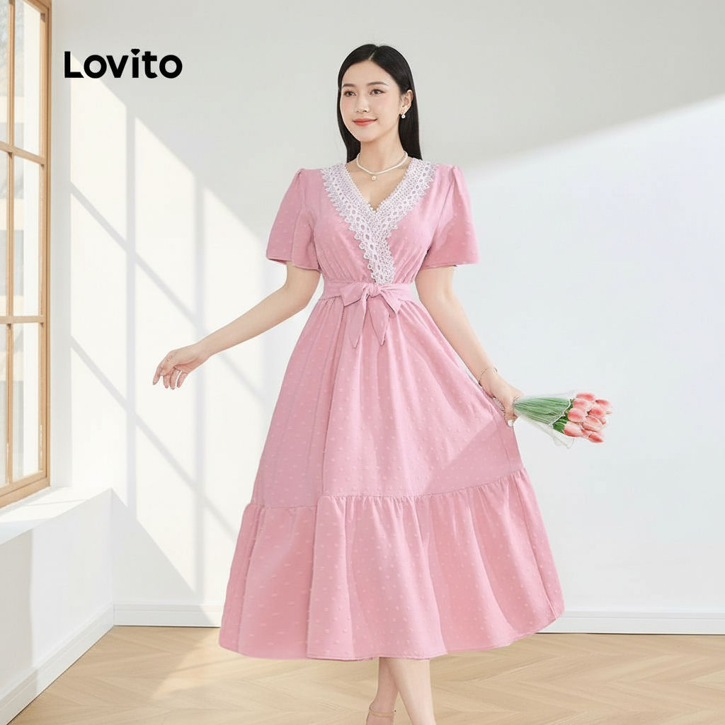 Lovito ชุดเดรสลูกไม้คอระบาย สีชมพู สําหรับผู้หญิง รุ่น LBL25451