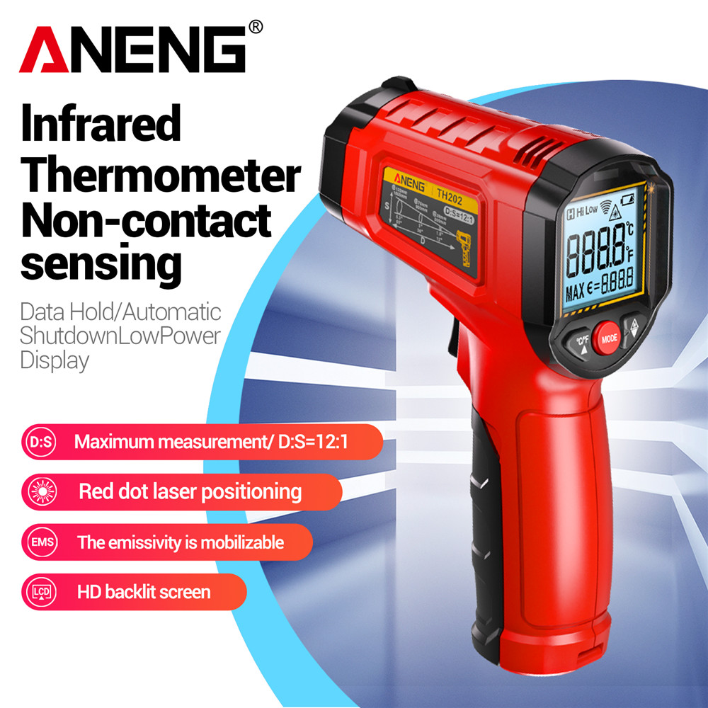 ANENG TH202 เครื่องวัดอุณหภูมิอินฟราเรด-ปืนอุณหภูมิแบบไม่สัมผัสพร้อมจอแสดงผล LCD Backlit วัด -50 ถึง 600℃