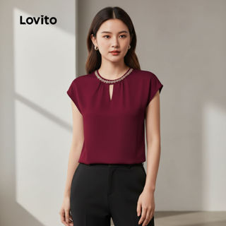 Lovito เสื้อผู้หญิง สีแดงเลือดหมู แต่งระบาย ใส่สบาย สําหรับเ…