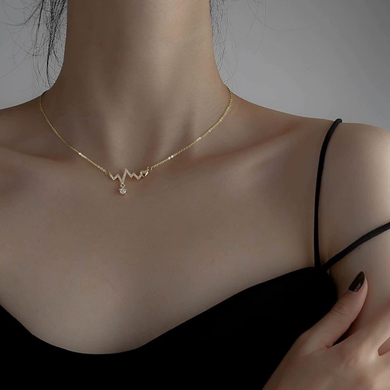แฟชั่น Ecg Love Beat จี้สร้อยคอยาวสําหรับผู้หญิงพร้อม Rhinestones, Minimalist Lockbone Chain