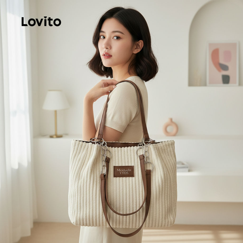 Lovito กระเป๋าถือหูหิ้วขนาดใหญ่สําหรับสุภาพสตรี ดีไซน์ลําลอง LFA104019