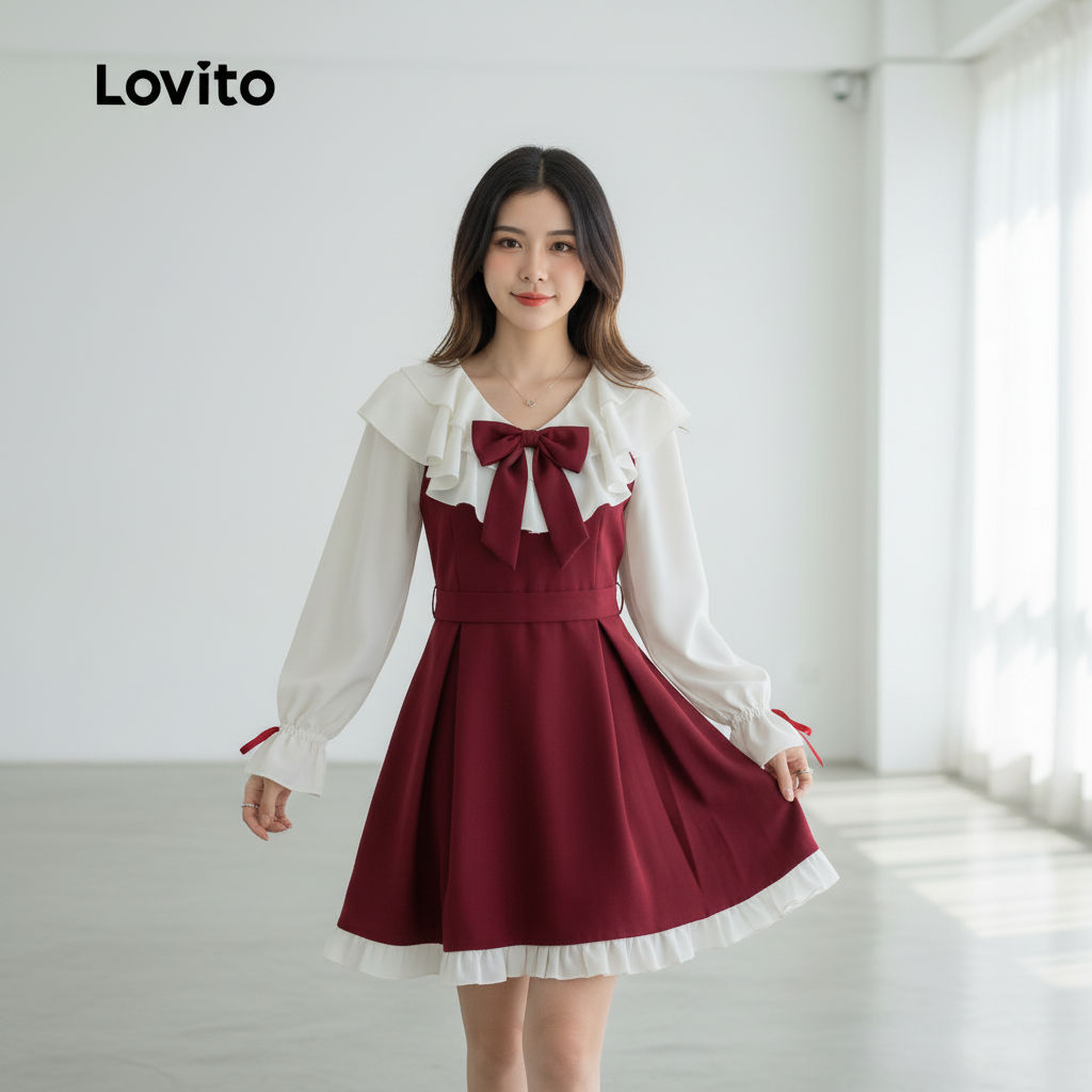 Lovito เดรสผู้หญิงน่ารักสําหรับวันคริสต์มาส แต่งโบว์ระบาย ทรงเอ เดรสปาร์ตี้ LNA43050
