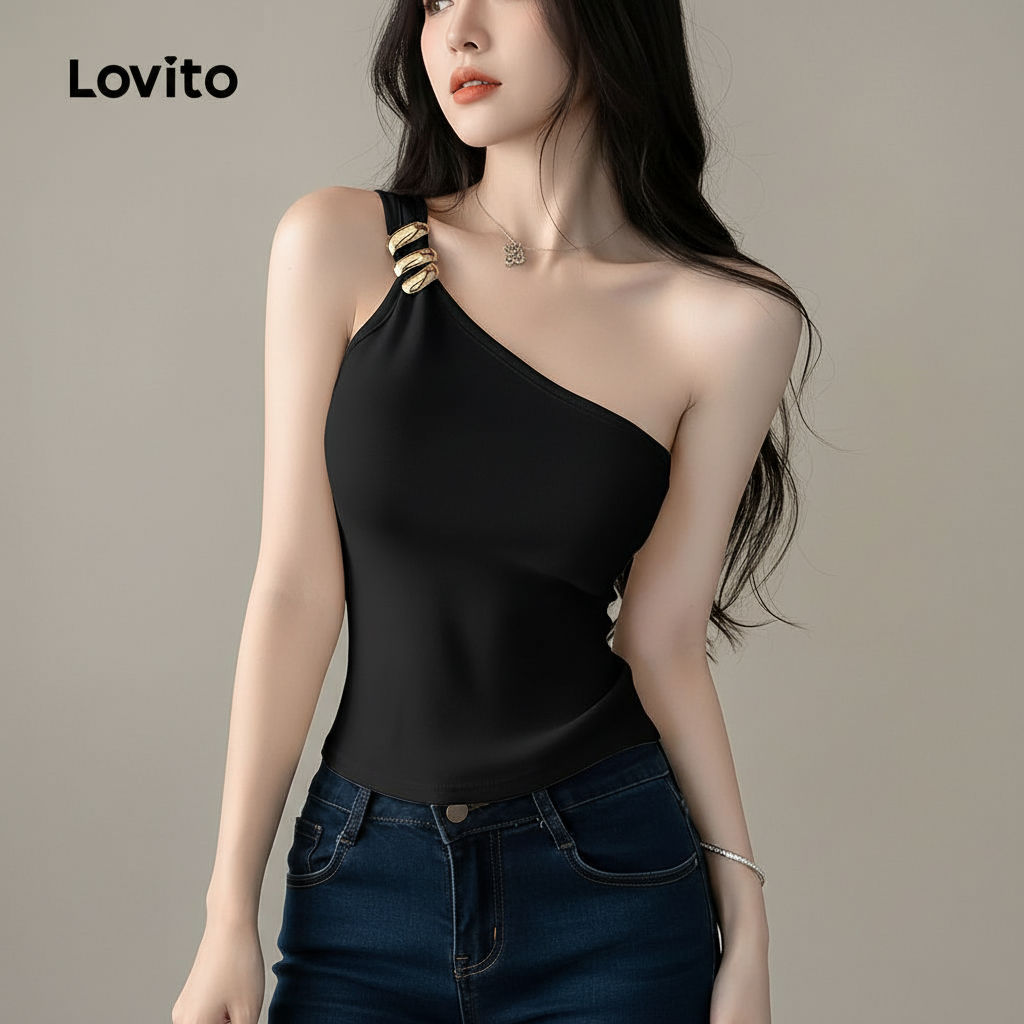 Lovito เสื้อเชิ้ตผู้หญิงสีดํา เปิดไหล่ ตกแต่งหัวเข็มขัดโลหะ ฤดูใบไม้ผลิ ฤดูร้อน L137ED235