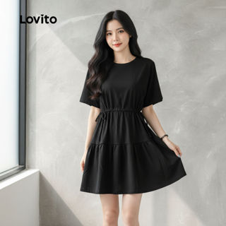Lovito เดรสผู้หญิงสีดําผูกโบว์สไตล์ลําลองสําหรับฤดูร้อนฤดูใบ…