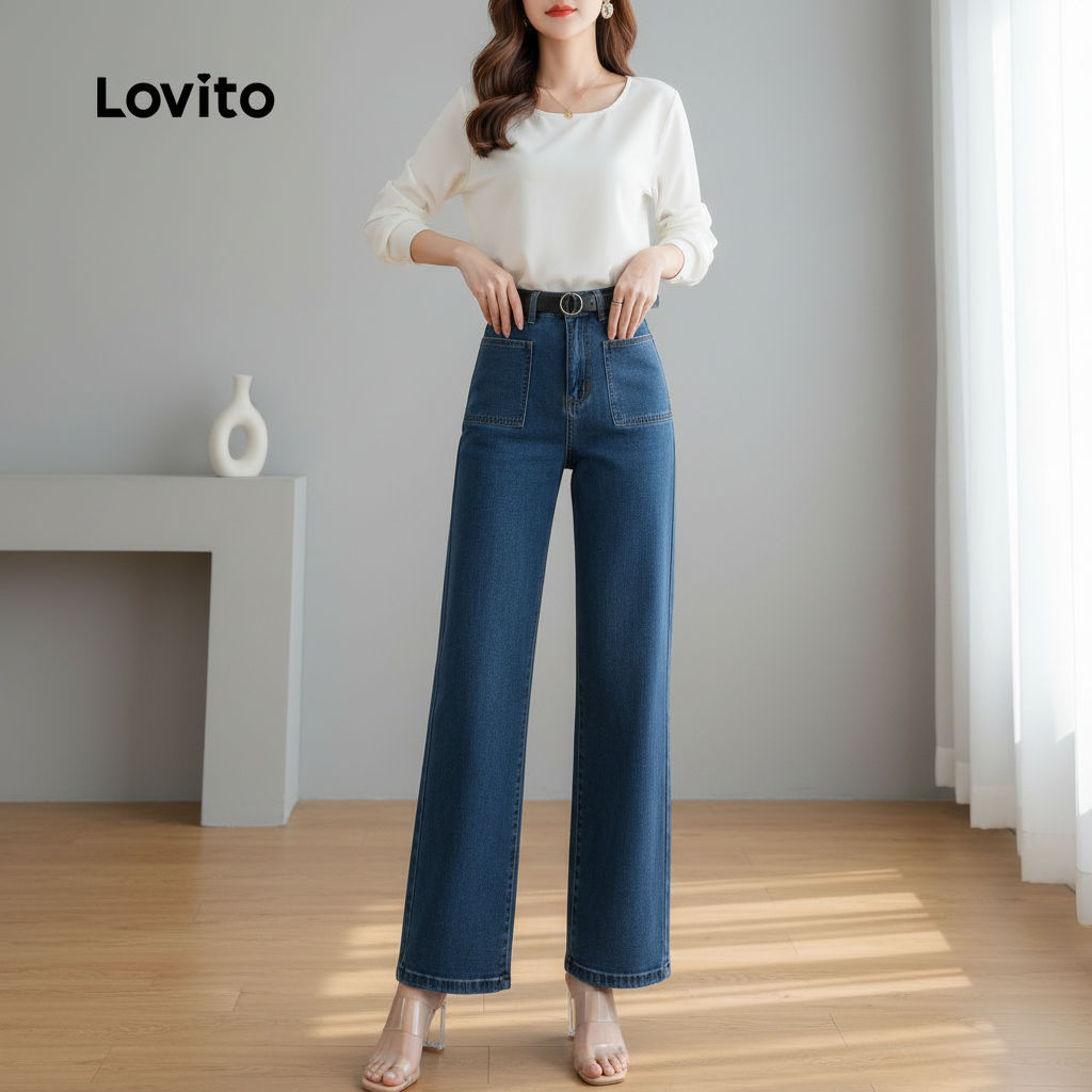 Lovito สง่างาม กางเกงยีนส์ผู้หญิงสีเทา-น้ําเงินสไตล์คลาสสิกและอเนกประสงค์สําหรับฤดูใบไม้ผลิและฤดูร้อน LK2ED1350