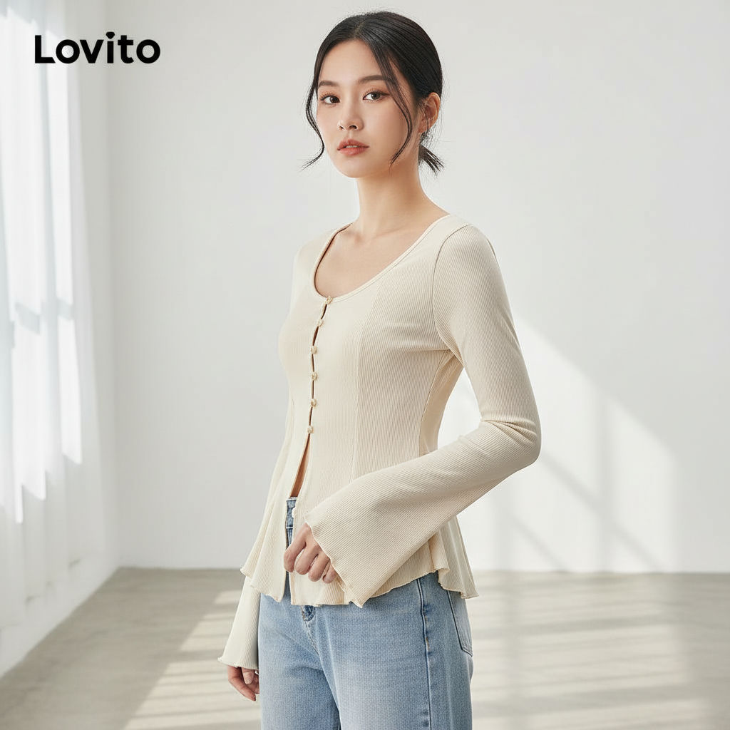 Lovito เสื้อยืดผู้หญิง ทรงลําลอง รัดตัว ด้านหน้าแต่งกระดุมไม่สมมาตร ดีไซน์เรียบ L52AD153 มีหลายสี