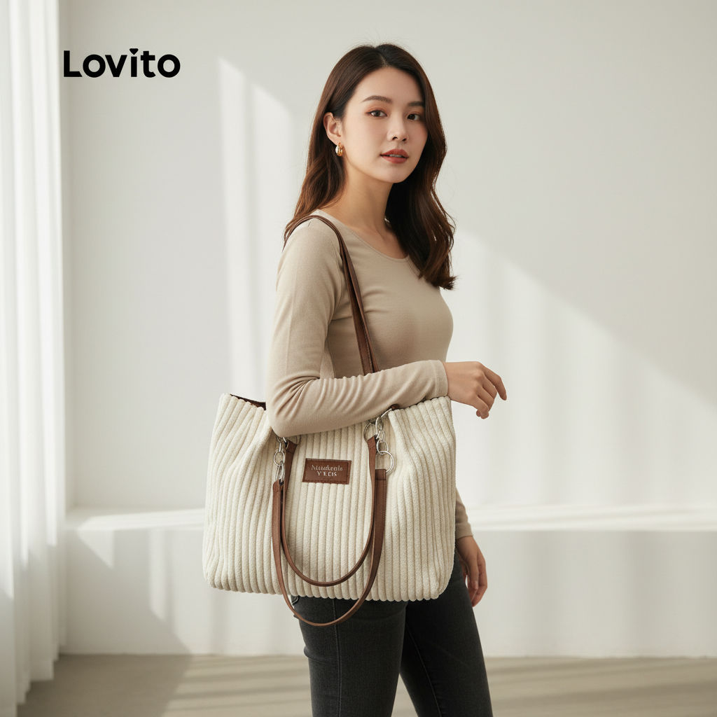 Lovito กระเป๋าถือหูหิ้วขนาดใหญ่สําหรับสุภาพสตรี ดีไซน์ลําลอง LFA104019