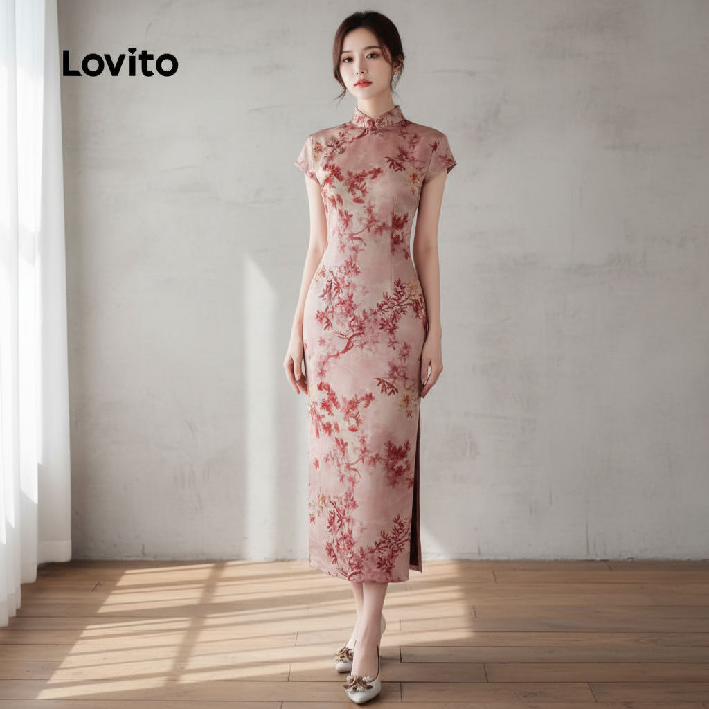 Lovito เดรสผู้หญิงสีแดง ดีไซน์กระดุมหน้า ฤดูใบไม้ผลิ ฤดูร้อน LK2ED448