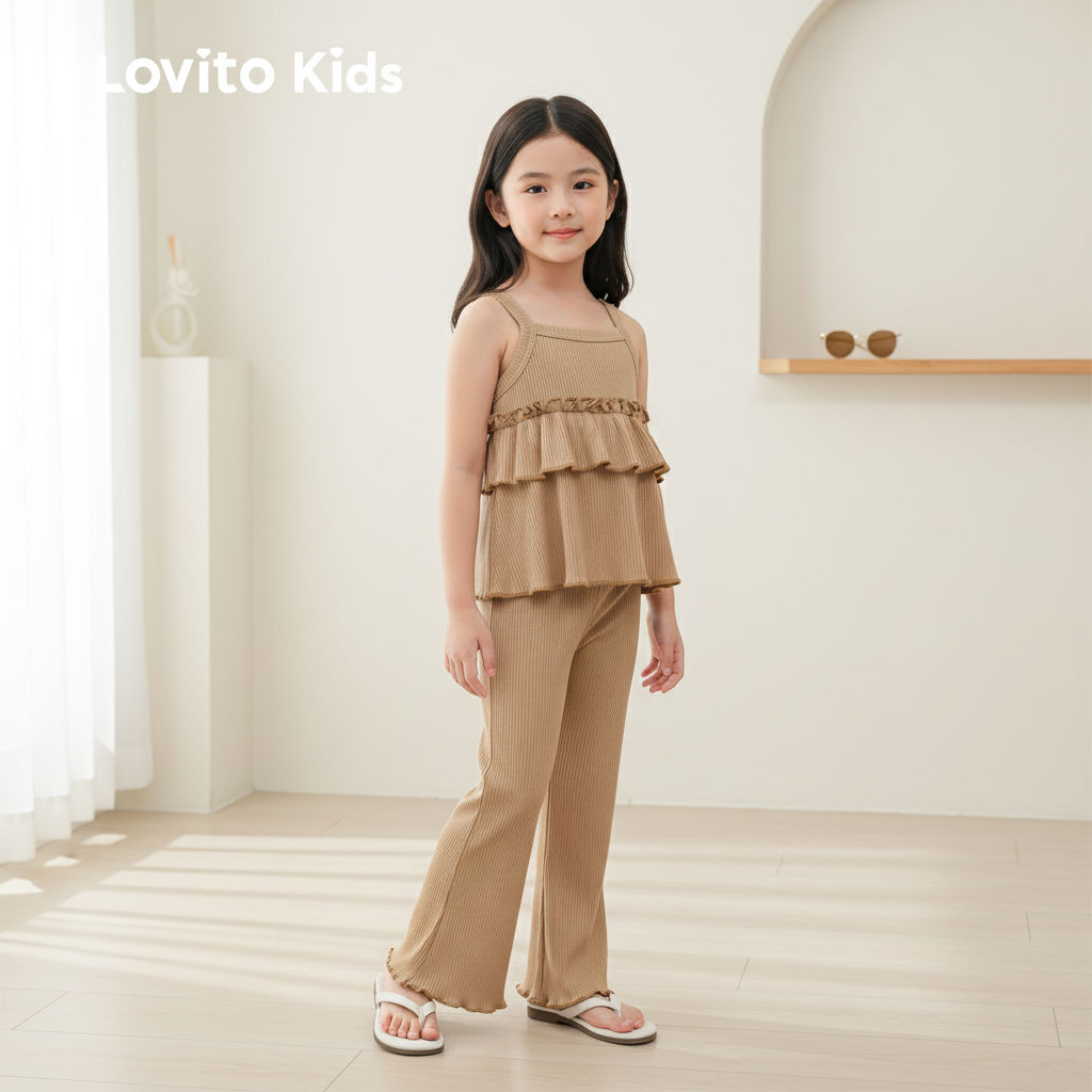 Lovito Kids ชุดเซตกางเกงลําลอง แต่งระบายชั้นลาย สําหรับฤดูร้อน สีกากี LNL119248