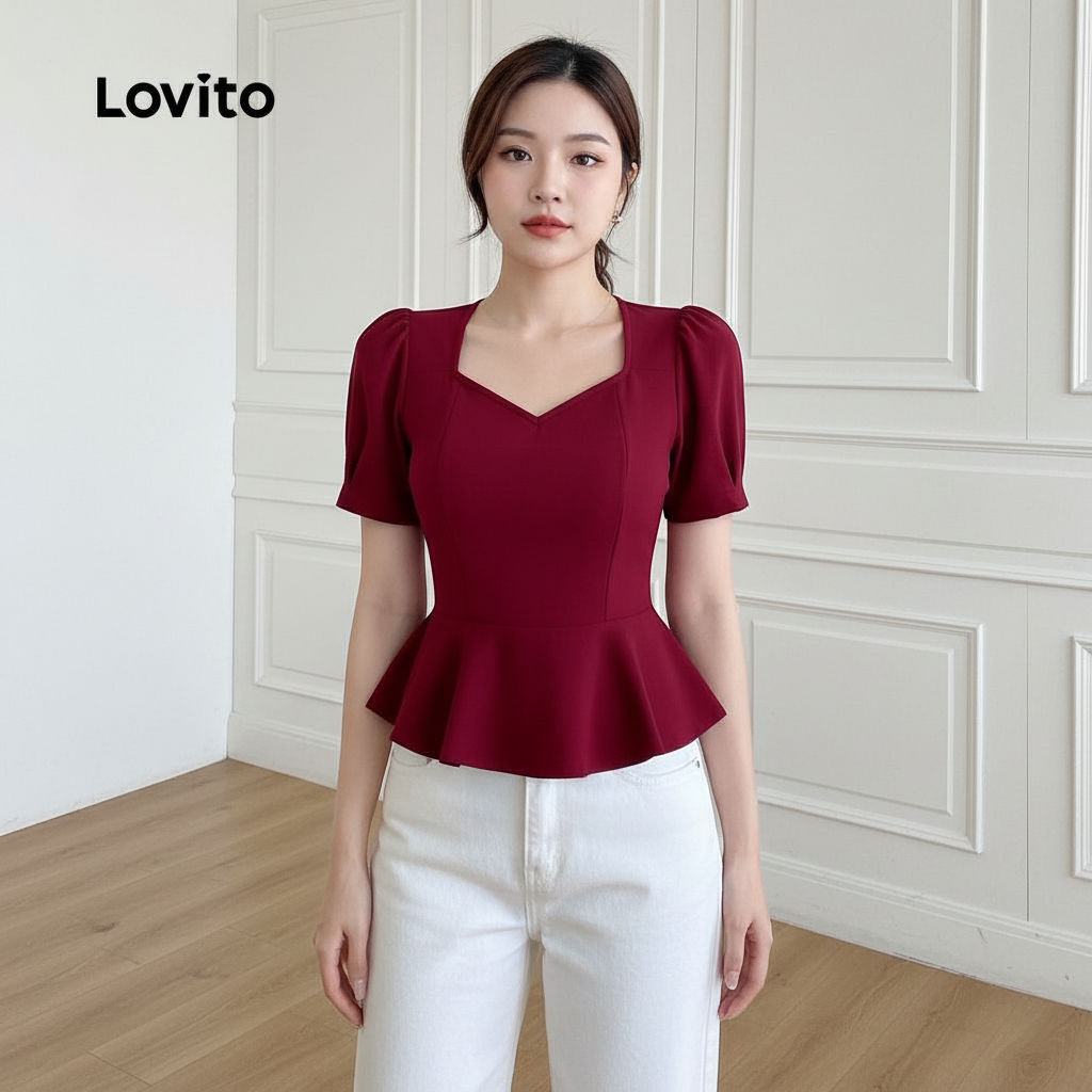 Lovito เสื้อเบลาส์หรูหราชุดปาร์ตี้ ชายระบาย สีแดงเข้ม สําหรับผู้หญิง ฤดูใบไม้ผลิ ฤดูร้อน L165ED633