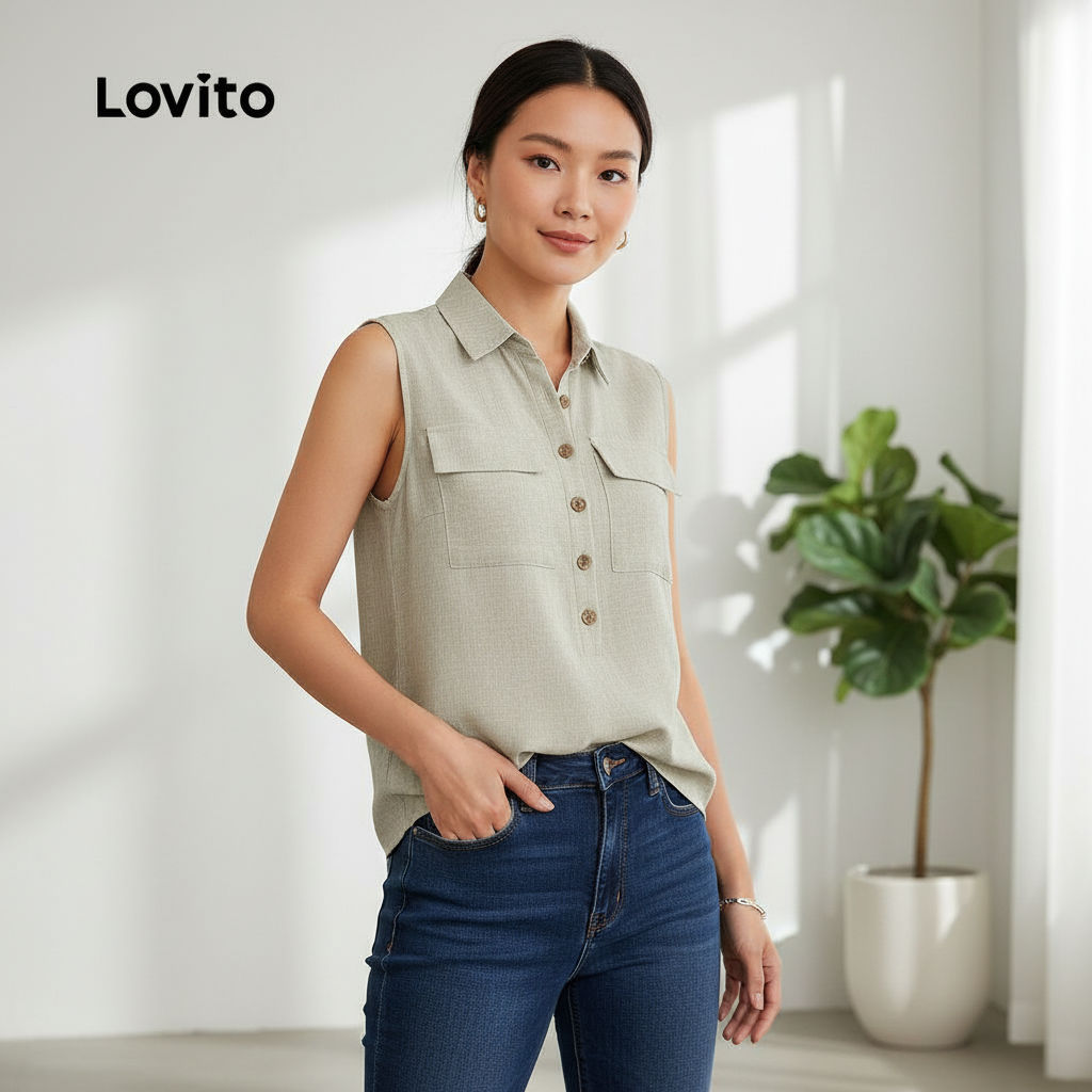 Lovito เสื้อเชิ้ตผู้หญิง ทรงเบสิค สีแอปริคอต สําหรับฤดูใบไม้ผลิ ฤดูร้อน LBL31006