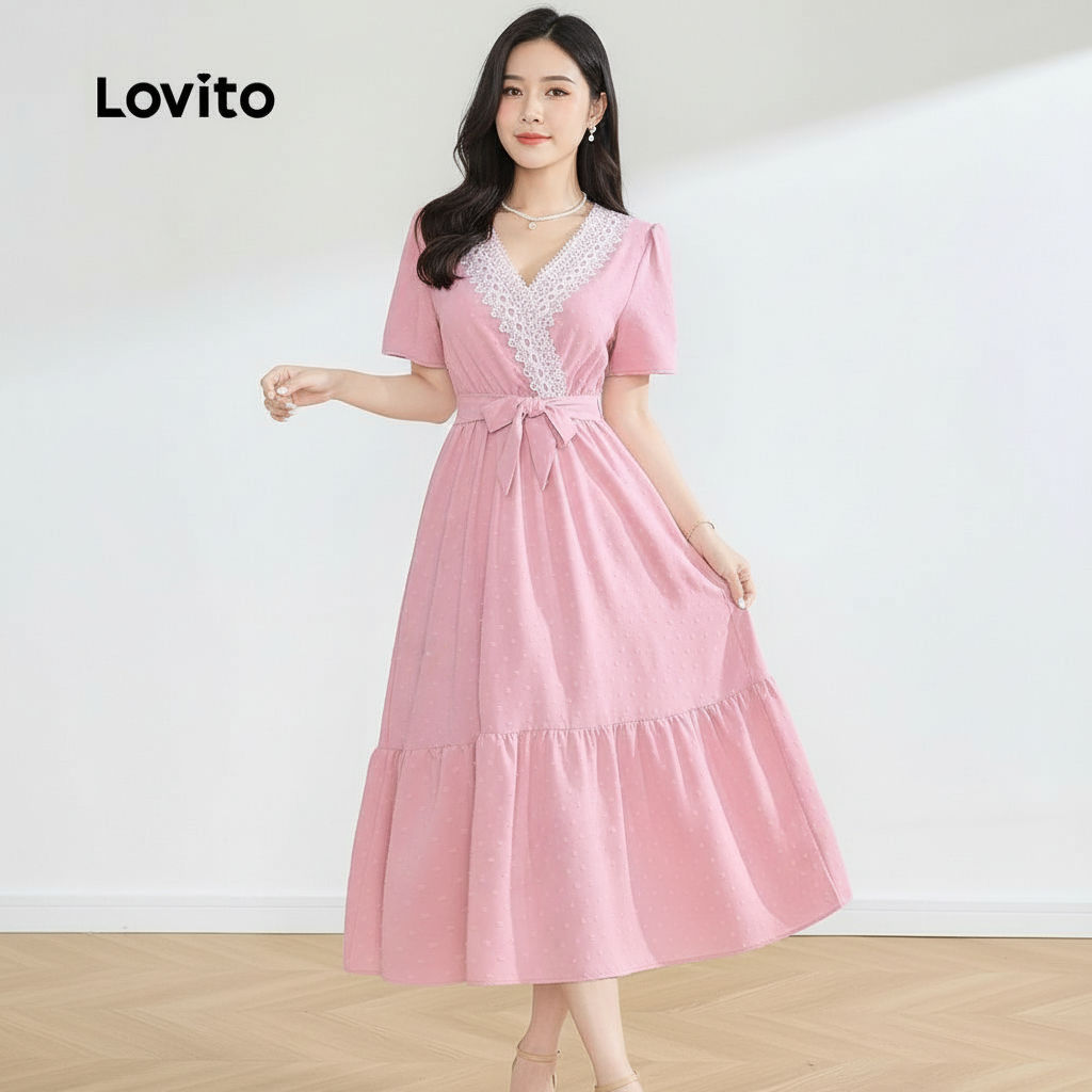 Lovito ชุดเดรสลูกไม้คอระบาย สีชมพู สําหรับผู้หญิง รุ่น LBL25451