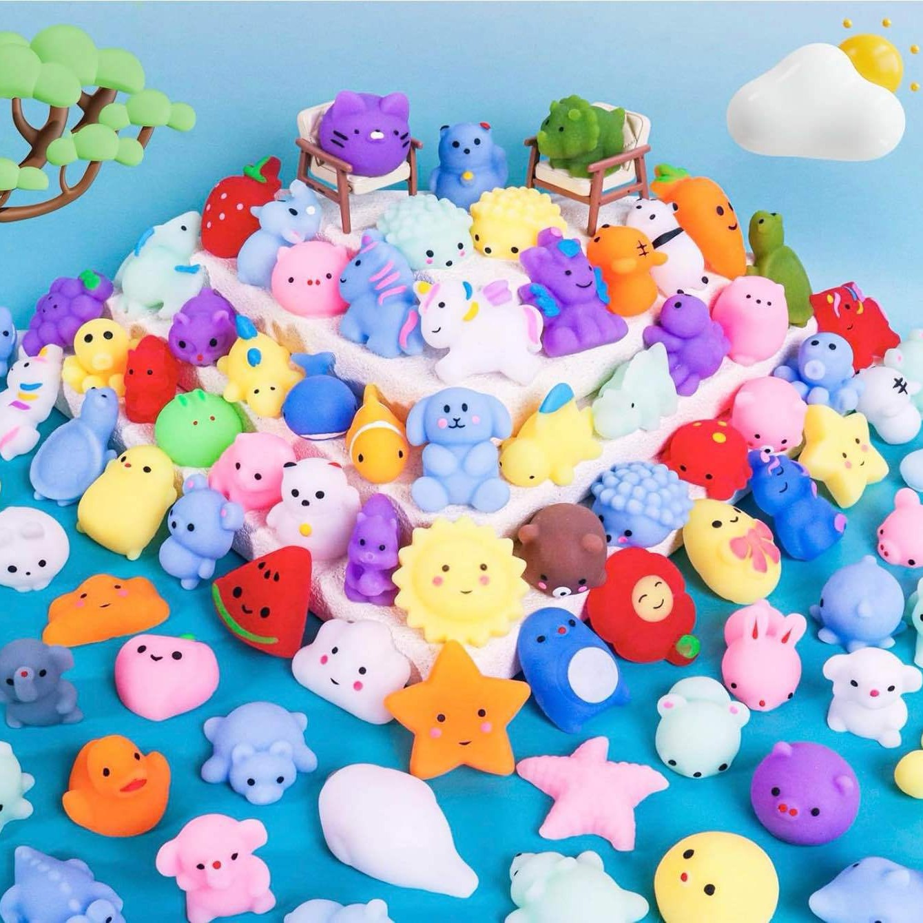 KIT 60 -นุ่ม น่ารัก สกุชชี่ Needoh ชุดของเล่น Mochi Fidget คลายเครียด , Finger Spinner