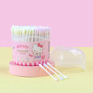 MINISO สําลีก้านซานริโอซีรีส์เฮลโลคิตตี้แบบสองหัว นุ่มพิเศษและลดการระคายเคือง ปลายเรียวแม่นยํา ขนาด 10.5ซม. × 8.7ซม. × 8.7ซม.