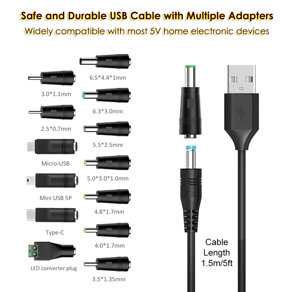 สายชาร์จ USB เป็นไฟฟ้า 5V อเนกประสงค์, ปลั๊ก DC ขนาด 5.5 * 2.1 มม. พร้อมปลายเชื่อมต่อ 13 แบบ