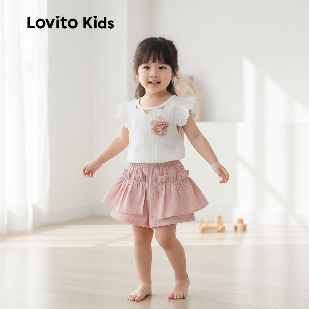 Lovito Kids ชุดเซตกางเกงขาสั้นน่ารักสําหรับสาวๆ ฤดูใบไม้ผลิ/ฤดูร้อน LNL128124