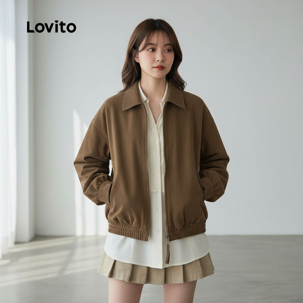 Lovito แจ็คเก็ตผู้หญิง ซิป สไตล์ฤดูใบไม้ร่วง/ฤดูหนาว ผ้านุ่มสบาย สีกากี L166AD106