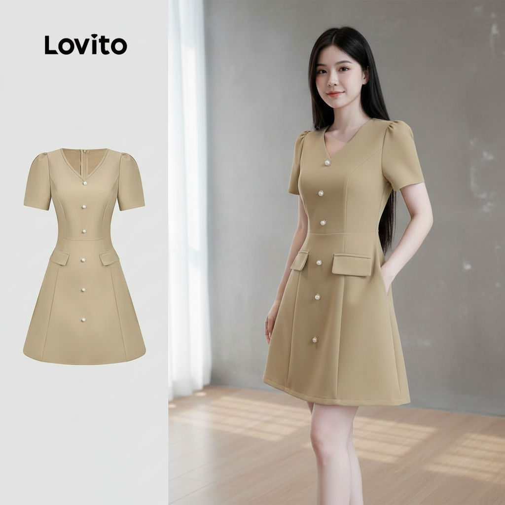 Lovito ชุดเดรสลําลองติดกระดุมกระเป๋าสําหรับผู้หญิง สีกากี แฟชั่นฤดูใบไม้ผลิ/ฤดูร้อน L171ED015