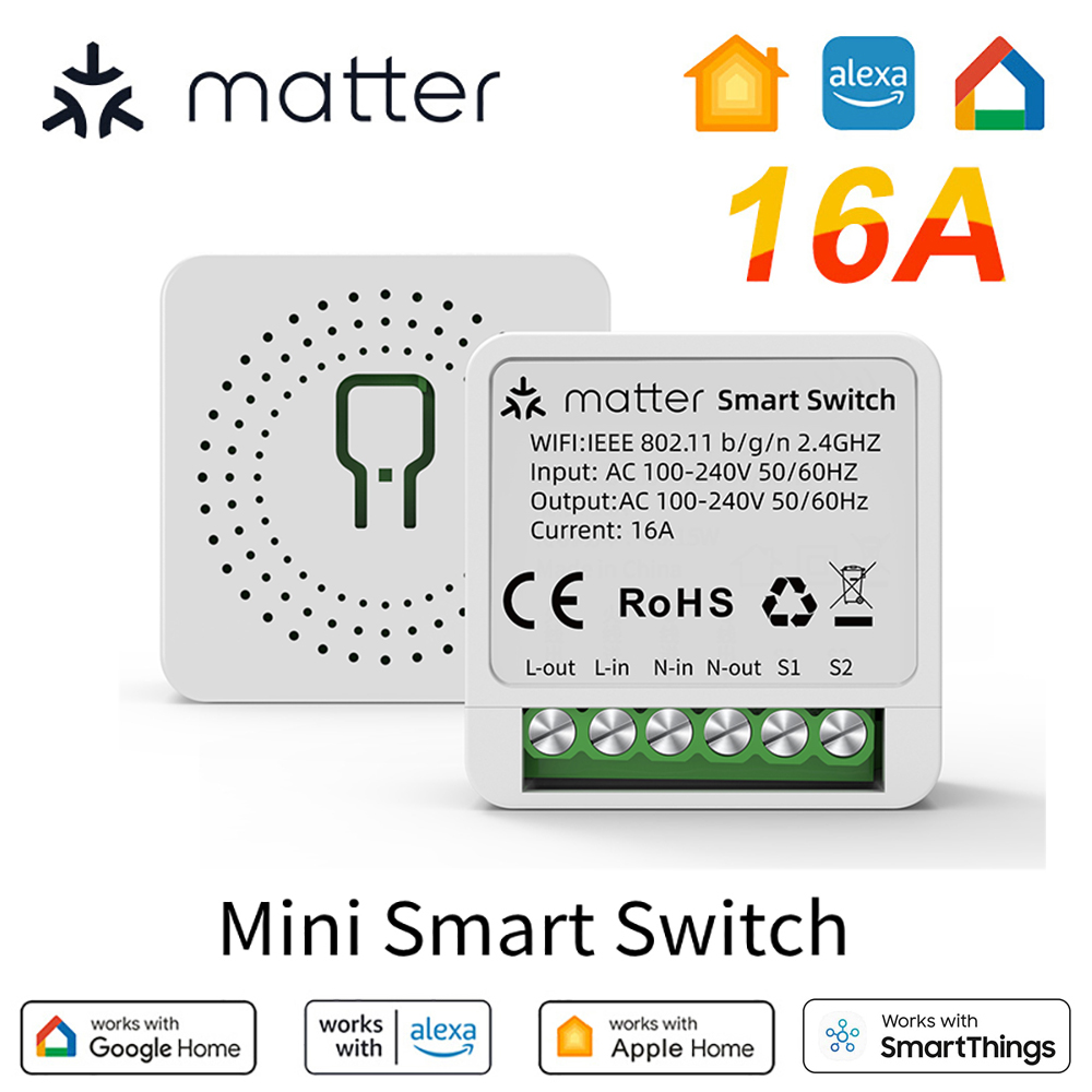Matter WiFi Mini สมาร์ทสวิทช์ 16A รีเลย์โมดูล Home Automation DIY Dual Control Outlet ไร้สาย Apple HomeKit Alexa Google