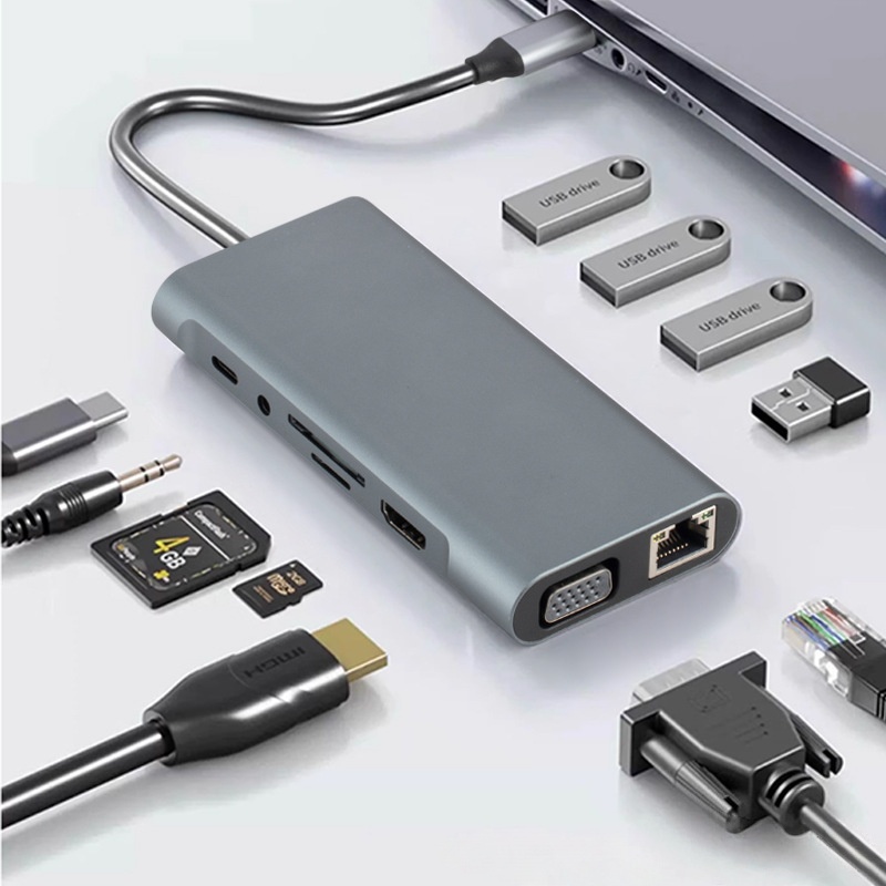 USB C Docking Station 11-in-1 HUB 4K Type C ถึง HDMI-อะแดปเตอร์ที่รองรับ USB Type-C Hubs Splitter สําหรับแล็ปท็อปพีซี MacBook