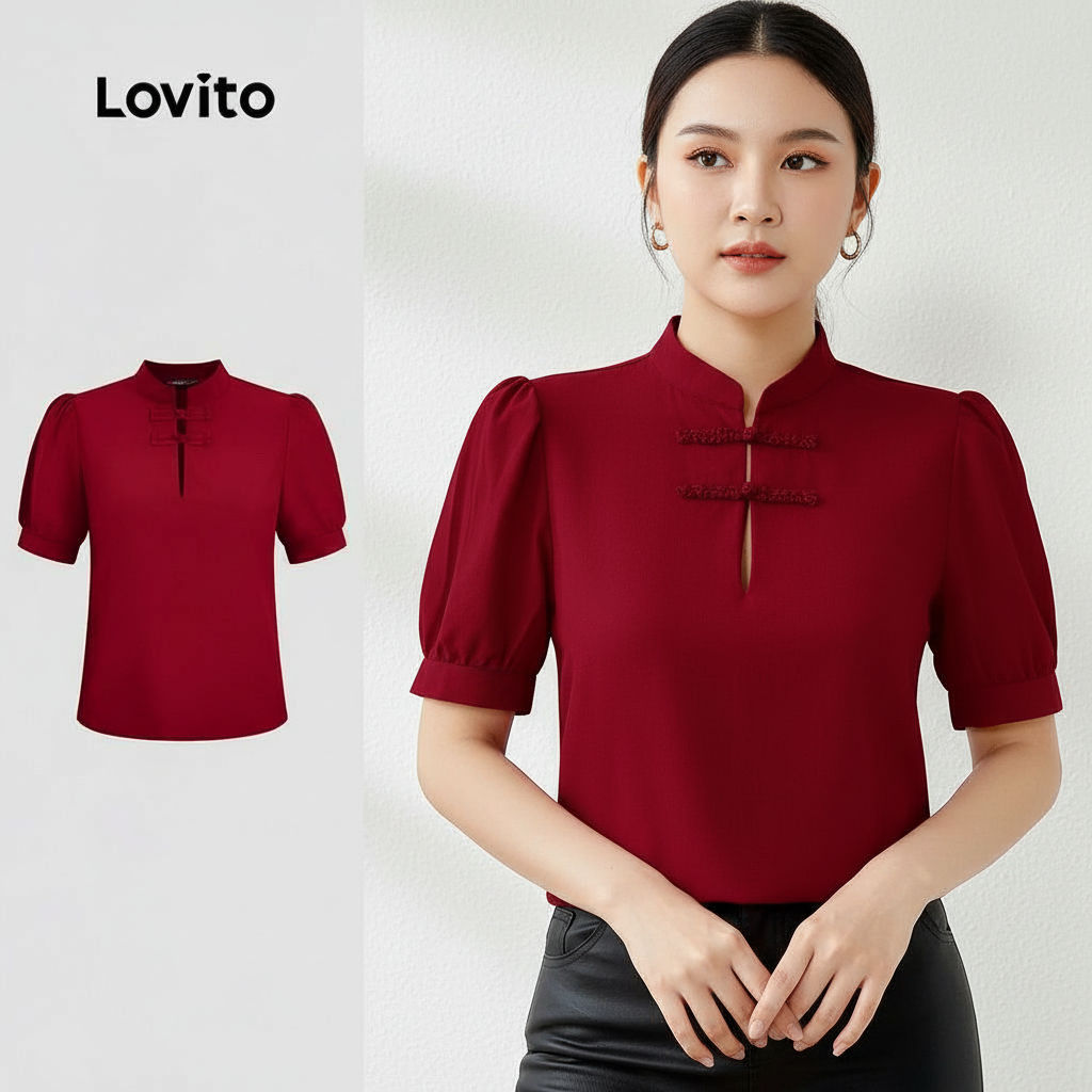 Lovito เสื้อเบลาส์กี่เพ้าสไตล์จีนใหม่ สําหรับผู้หญิง สีแดง ฤดูใบไม้ผลิ ฤดูร้อน L157ED1023