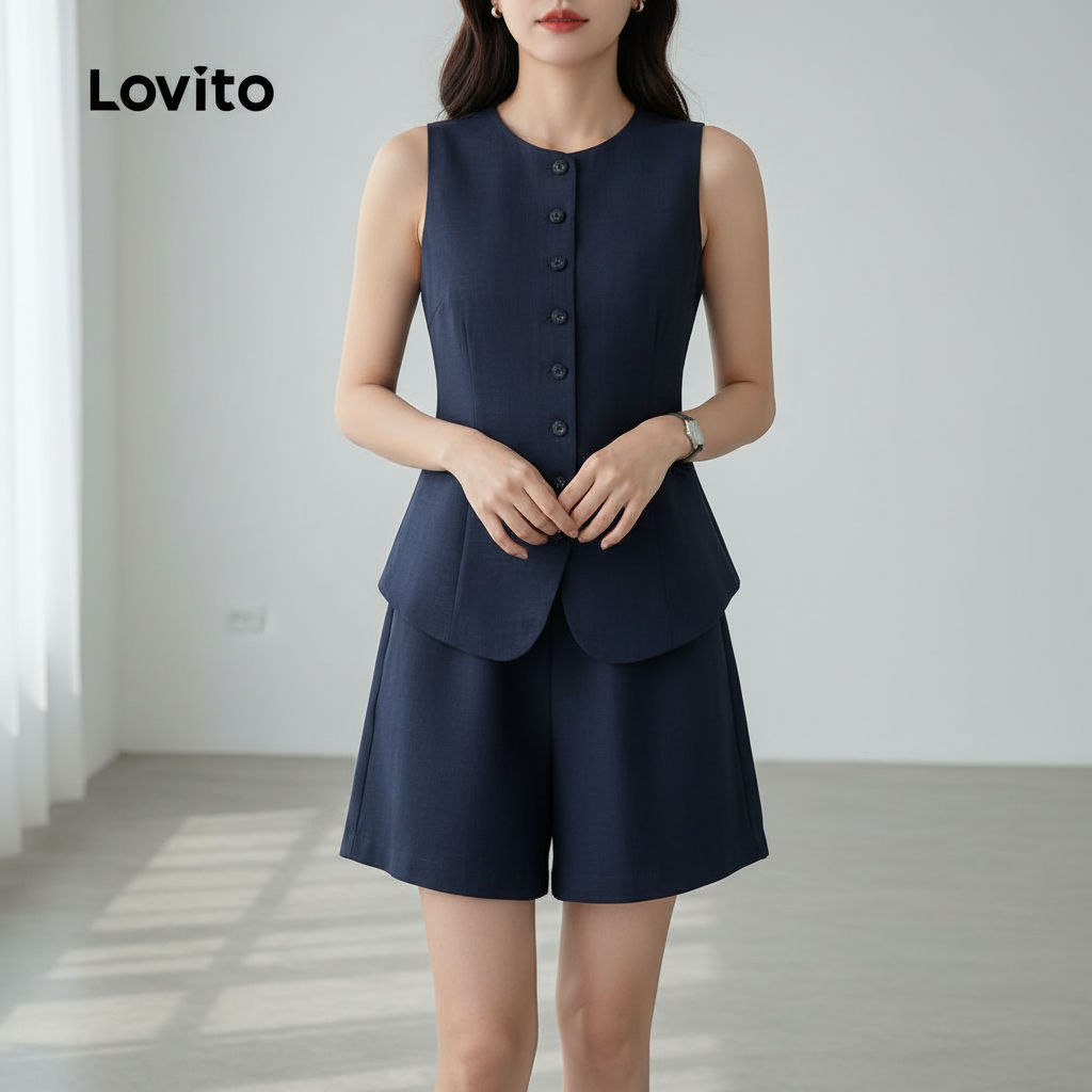 Lovito กางเกงขาสั้นผู้หญิงสีเทาเข้ม แต่งกระดุมผ่าหน้า หรูหรา LB135LD426