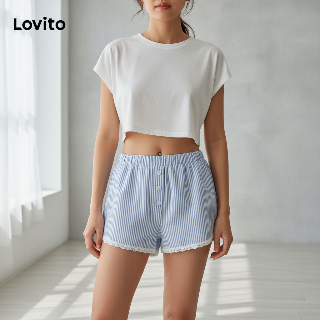 Lovito กางเกงขาสั้นผู้หญิงลายทางลูกไม้ ดีไซน์น่ารัก รุ่น L90AD038 มีหลายสี