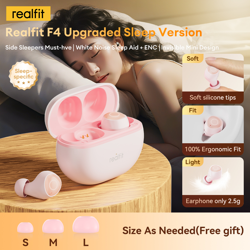 Realfit F4 หูฟังบลูทูธ 5.3 หูฟัง Ultra-Thin Side Sleepers Noise Cancellation สีขาวเสียงรบกวน 32H เล่