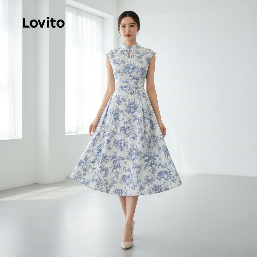 Lovito เดรสสไตล์โบโฮ ทรงหลวม กี่เพ้าจีนใหม่ สําหรับผู้หญิง ใส่ฤดูใบไม้ผลิ/ฤดูร้อน L154ED602