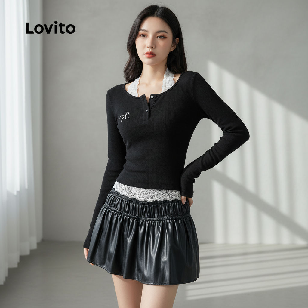 Lovito เสื้อยืดลําลองฤดูร้อน สีบล็อก ดีไซน์ 2-in-1 สําหรับผู้หญิง L114AD476
