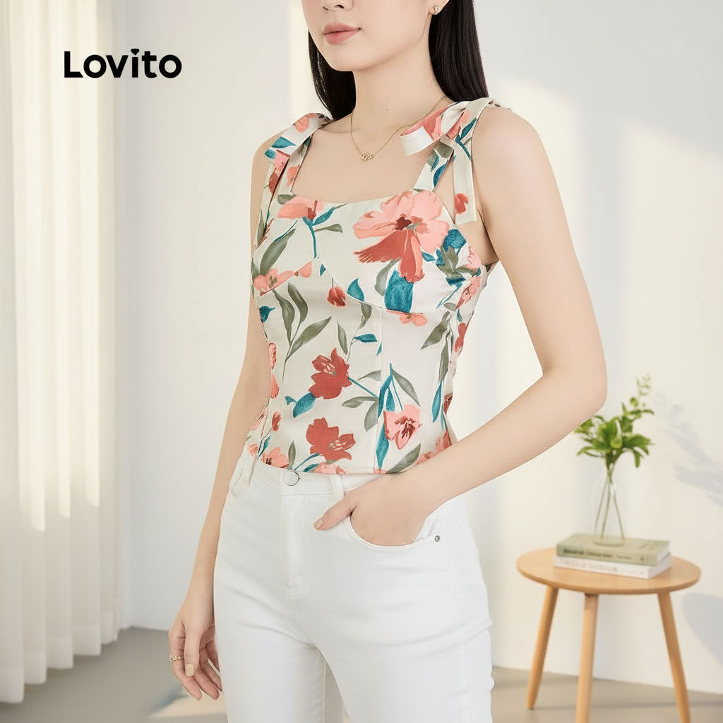 Lovito เสื้อลูกไม้ลายดอกไม้สไตล์โบฮีเมียน สําหรับผู้หญิง L128ED603