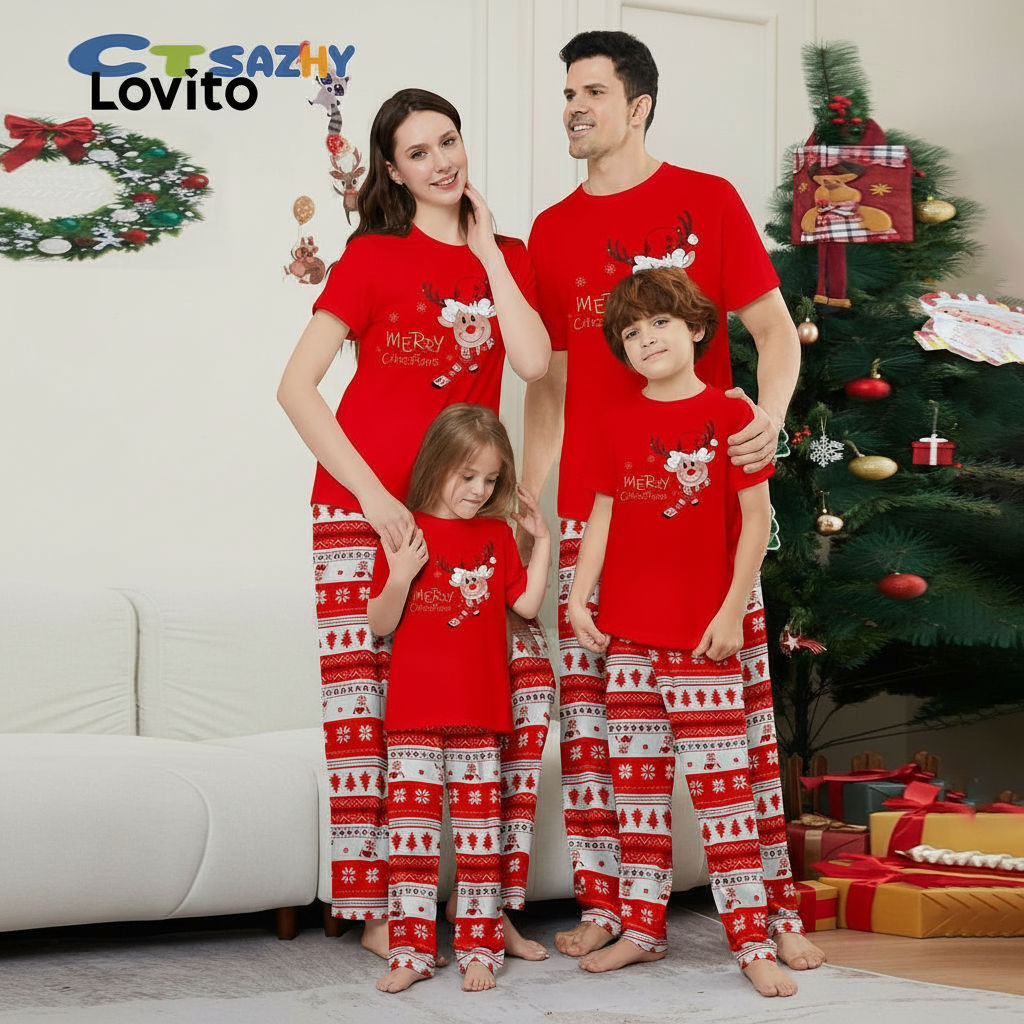 Lovito ชุดเซตกางเกงลําลองผู้หญิง สีแดง เหมาะกับเทศกาลคริสต์มาสและฤดูหนาว LNE125013