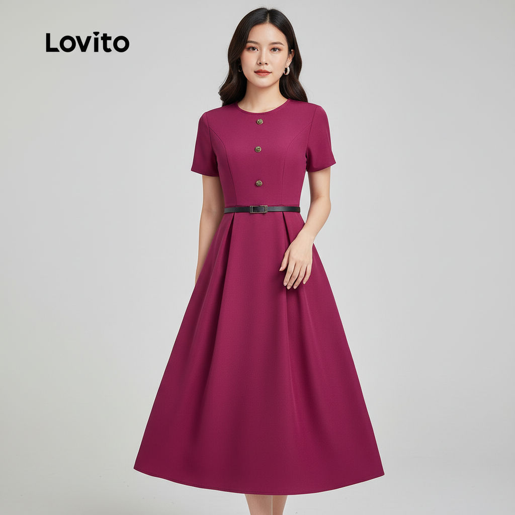 Lovito ชุดเดรสผู้หญิงสีม่วงคอซิปสําหรับฤดูใบไม้ผลิฤดูร้อน LBL31249