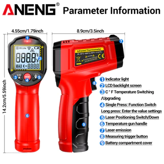 ANENG One Set TH202 เครื่องวัดอุณหภูมิอินฟราเรด เครื่องมืออุณหภูมิแบบไม่สัมผัส -50°ซี ถึง 600°C พร้อม LCD Backlit สําหรับอุตสาหกรรม HVAC