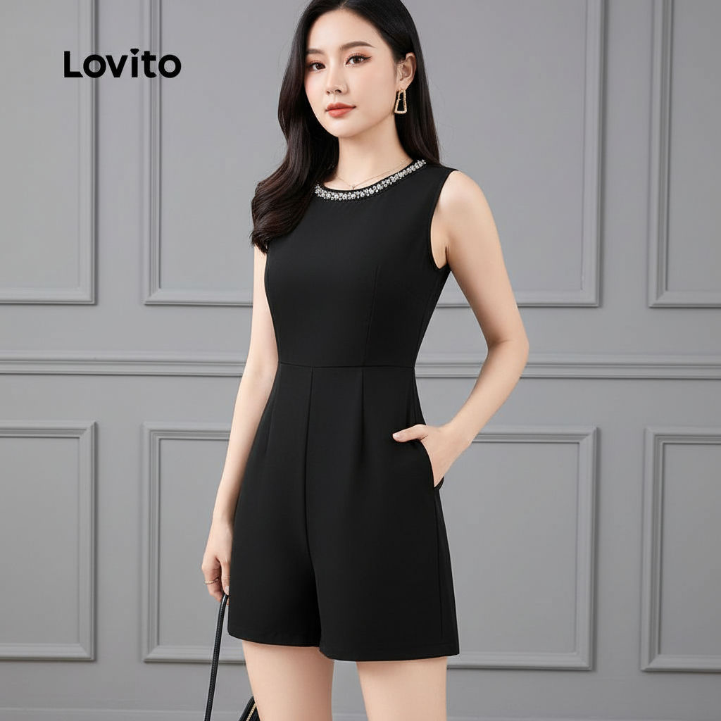 Lovito จั๊มสูทผู้หญิงไข่มุกเรียบหรู L129AD041