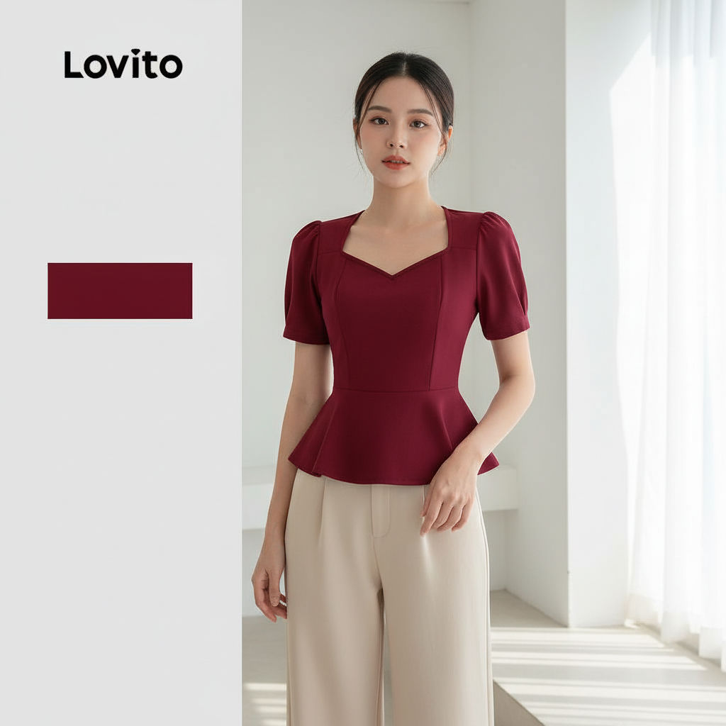 Lovito เสื้อผู้หญิงสีแดงเข้ม ดีไซน์ระบาย สําหรับเทศกาลคริสต์มาสและปีใหม่ ใส่สบายในฤดูใบไม้ผลิฤดูร้อน